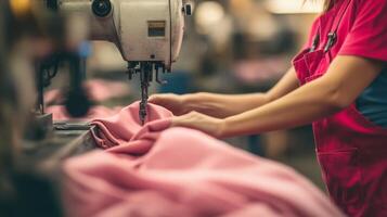 A dedicated worker crafts fabric at a busy sewing station in the workshop photo