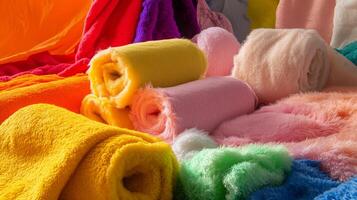 Soft, plush blankets of various colors are artistically stacked and displayed photo