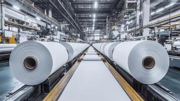 Large rolls of freshly produced paper await processing in a manufacturing facility photo