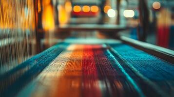 Threads intertwine, creating a tapestry of colors under soft workshop lights photo