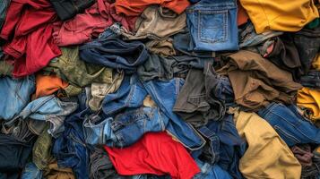 A chaotic assortment of jeans and shirts in various colors fills the frame photo
