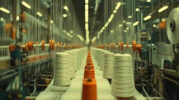 Spools of yarn line the assembly line in a busy textile factory photo