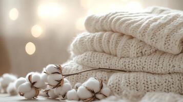 Soft, warm knits arranged neatly alongside delicate cotton blooms photo