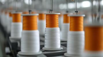 Colorful spools of thread await use in a lively manufacturing setting photo