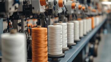 Colorful spools ready for use in a busy textile production line photo