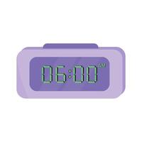 Digital alarm clock. Purple device timer, reminder symbol. Isolated on white background vector