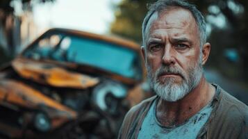 Distressed Middle-aged Man on Street with Car Accident in Background photo