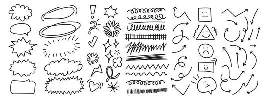 Scribble doodle underline emphasis line shape set. Hand drawn brush stroke, highlight, speech bubble, underline, sparkle element. Editable stroke. vector