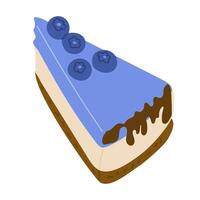 Piece of blueberry cheesecake with berries and chocolate crusts in flat style vector