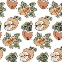 Tropic contour seamless pattern with contour drawing of organic tropical fruits. Botanical drawings. Vegan food concept isolated on white background in boho style vector