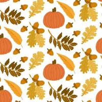 Autumn contrast seamless pattern with autumn leaves, acorns and pumpkins. Hand drawn flat style. Simple botanical illustration isolated on white background. Perfect for textile and wrapping vector