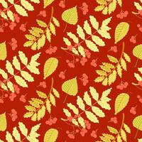 Bold autumn seamless pattern with rowan leaves and red berries. Hand drawn flat style. Simple botanical illustration on dark background. Perfect for textile and wrapping. Dark theme vector