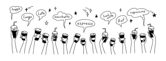 Doodle hands up with coffee. Crowd of people, men and children holding disposable glass and paper cups. Teamwork concept background. Different named types of drinks vector