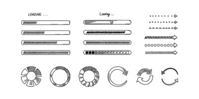Doodle loading bar, circles. Hand drawn set of graphic, application, ui design elements. Sketch progress status, upload speed, battery charge. vector