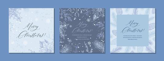 Set of Merry Christmas and Happy New year blue square greeting cards. Social media post template. Hand drawn sinter festive background with sketch botany elements. Engraving illustration vector