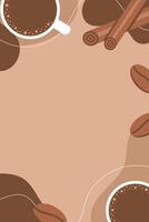 Coffee abstract background with coffee cup, coffee beans and cinnamon layout. Flat illustration. vector