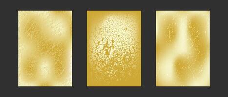 Set of three gold grunge textures with abstract patterns, perfect for backgrounds and design projects. vector