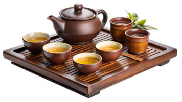 Classic tea set with four brown cups on wooden tray, transparent background png