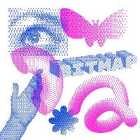 Abstract Y2K Graphic Design 3D Forms Elements set. Trendy Shapes, eye and hand with Bitmap Dithering Effect. 80s Geometric Shapes. Brutalist Design. Dither Gradient Effect. vector