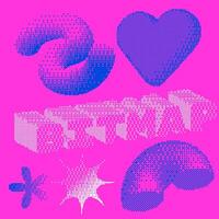 Universal trendy geometric 3d shapes set - twirl, heart, half ring and word Bitmap. pixelated illustration in 80s style vector