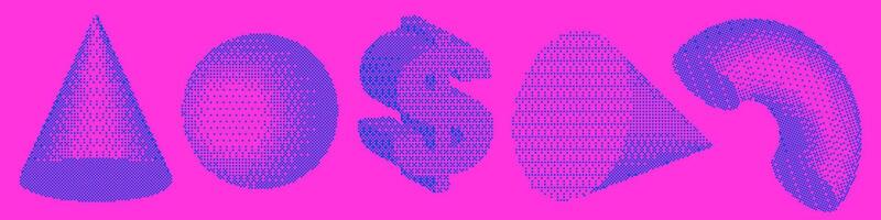 Square Pixel 80s Shapes collection. Set of trendy different bitmap 3d graphic elements - cone, ball, dollar sign, half ring. Retro futuristic clip art stickers for collage. 8 bit illustration. vector