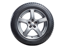Side view of car tire with metallic rim, transparent background png