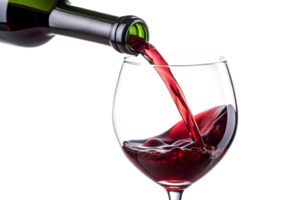 Red wine being poured into glass, isolated against transparent background png