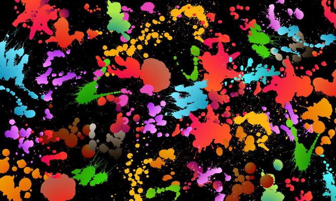colorful spots and sprays on black background. paint.