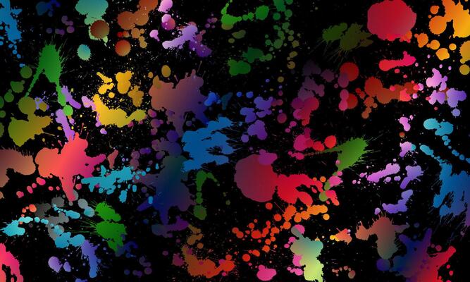 colorful spots and sprays on black background.