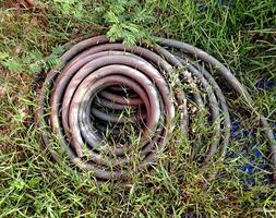 A collection of used cables overgrown with grass which are usually used in the power generation industry photo