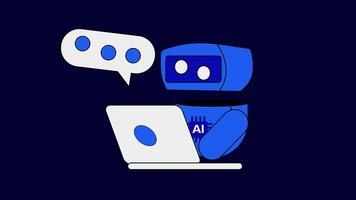 robot with the words artificial intelligence, works using a laptop video