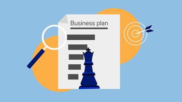 a document with a written business plan and moving chess pieces in front of it, describing the business plan and business strategy video