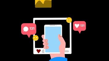 hand holding a smartphone with a social media frame accompanied by like and comment icons video