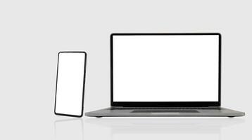 Modern laptop mockup front view and smartphone mockup high quality isolated on white background photo