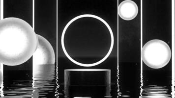 Mysterious black and white abstraction with vertical lines and moving balls and circles, reflecting in the water. Geometric CGI motion design on a dark background video