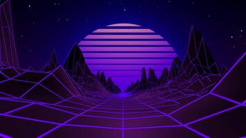 Seamless loop background with retro futuristic landscape in vintage synthwave style of 80s and 90s. Purple neon grid terrain and stripped sunset for music visualisation and vj performance. 4K 60 fps video