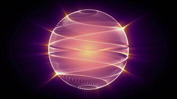 Looped shiny sphere animation with energy ball made of bright glow lines morphing and rotating on a dark purple background. Orange light orb screensaver for science and technology . VJ loop 4K 60fps video