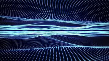 Futuristic technology background with field of blue digital waves with bright glow effect. Flying between smooth waveforms for cyber space, science fiction and abstract art performance. 4K 60 fps video