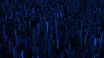 Dark abstract background with plenty of long 3D shapes spinning with soft blue glow reflections on a surface. Futuristic animation of geometric forms in science fiction style. Motion graphics 4K 60fps video