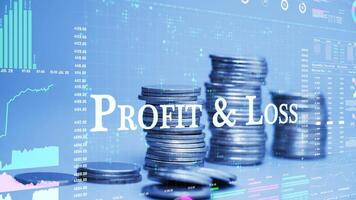 profit and loss text on coins stack increase with business data hologram. business growth concept. video