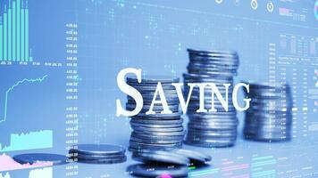 saving text on coins stack increase with business data hologram. business growth concept. video