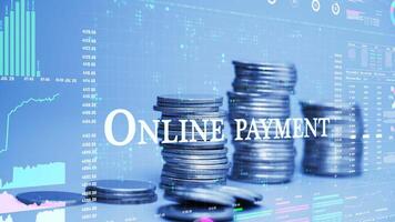 online payment text on coins stack increase with business data hologram. business growth concept. video