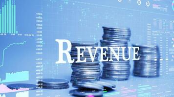 revenue text on coins stack increase with business data hologram. business growth concept. video