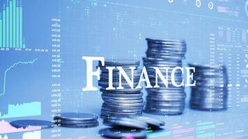 finance text on coins stack increase with business data hologram. business growth concept. video