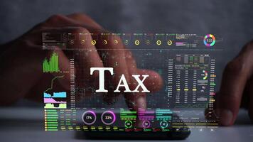 tax text on business data number futuristic hologram background. video
