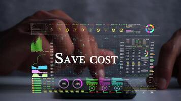 save cost text on business data number futuristic hologram background. video
