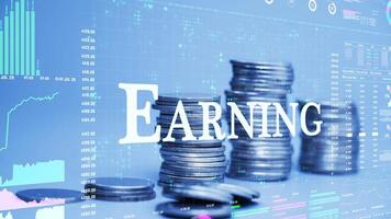 earning text on coins stack increase with business data hologram. business growth concept. video