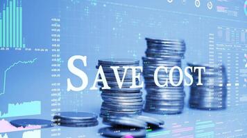 save cost text on coins stack increase with business data hologram. business growth concept. video