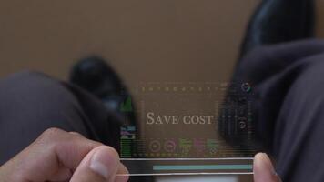 save cost text on business data number futuristic hologram background. video