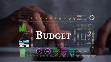 budget text on business data number futuristic hologram background. video